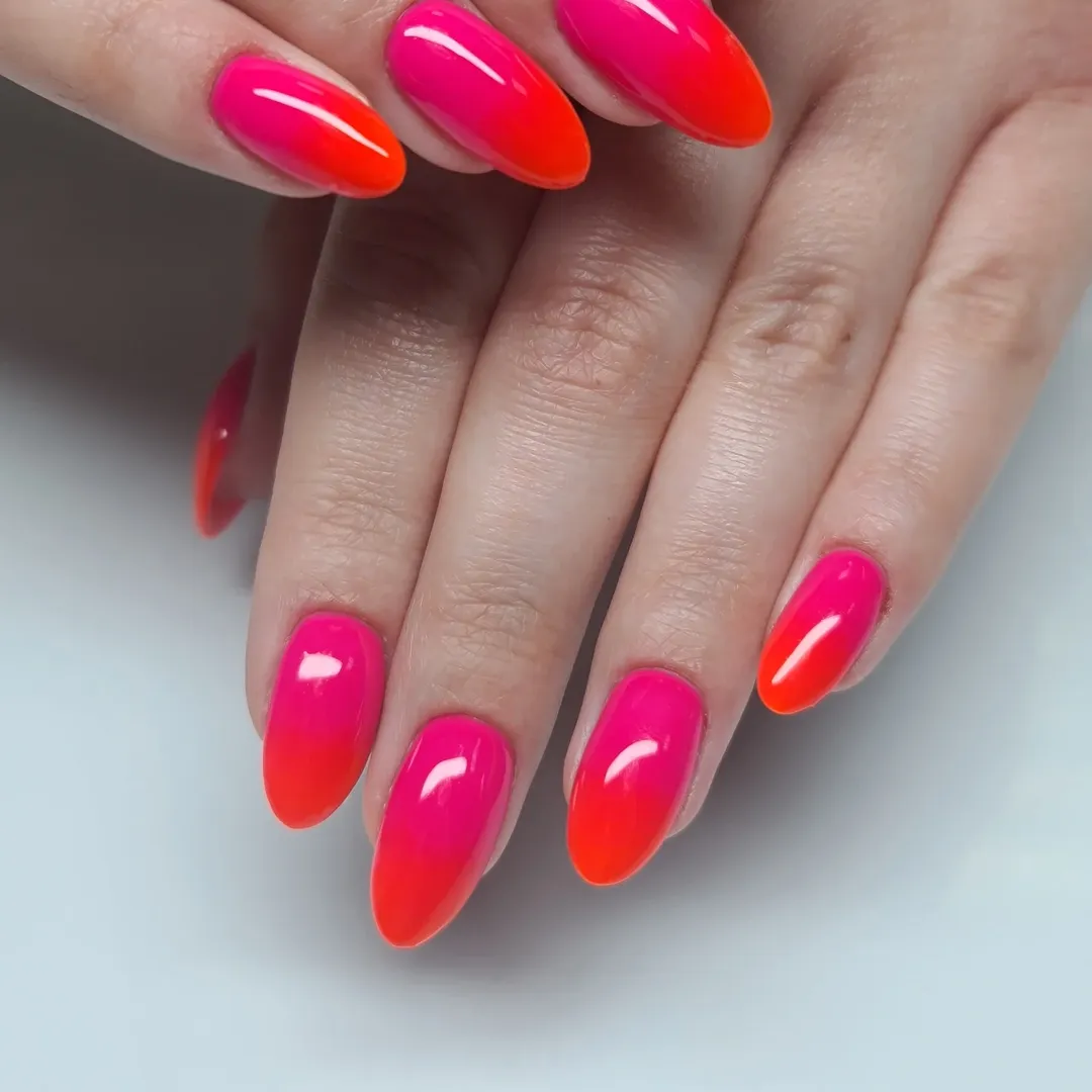 Neon Pink and Orange Glossy Ombre Almond Nails