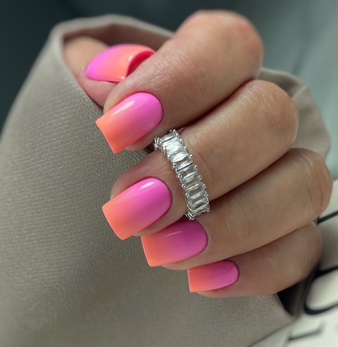 Neon Pink and Orange Ombre Square Nails