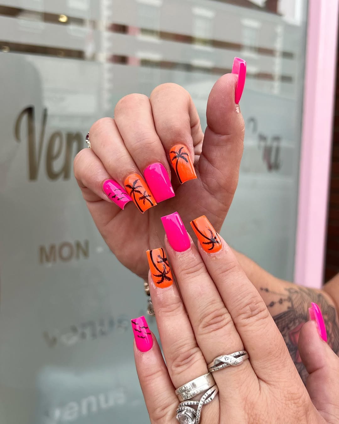 Neon Pink and Orange Palm Tree Square Nails