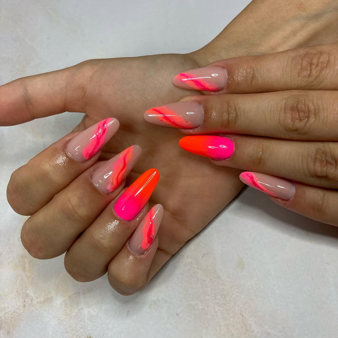 Neon Pink and Orange Swirl Almond Nails