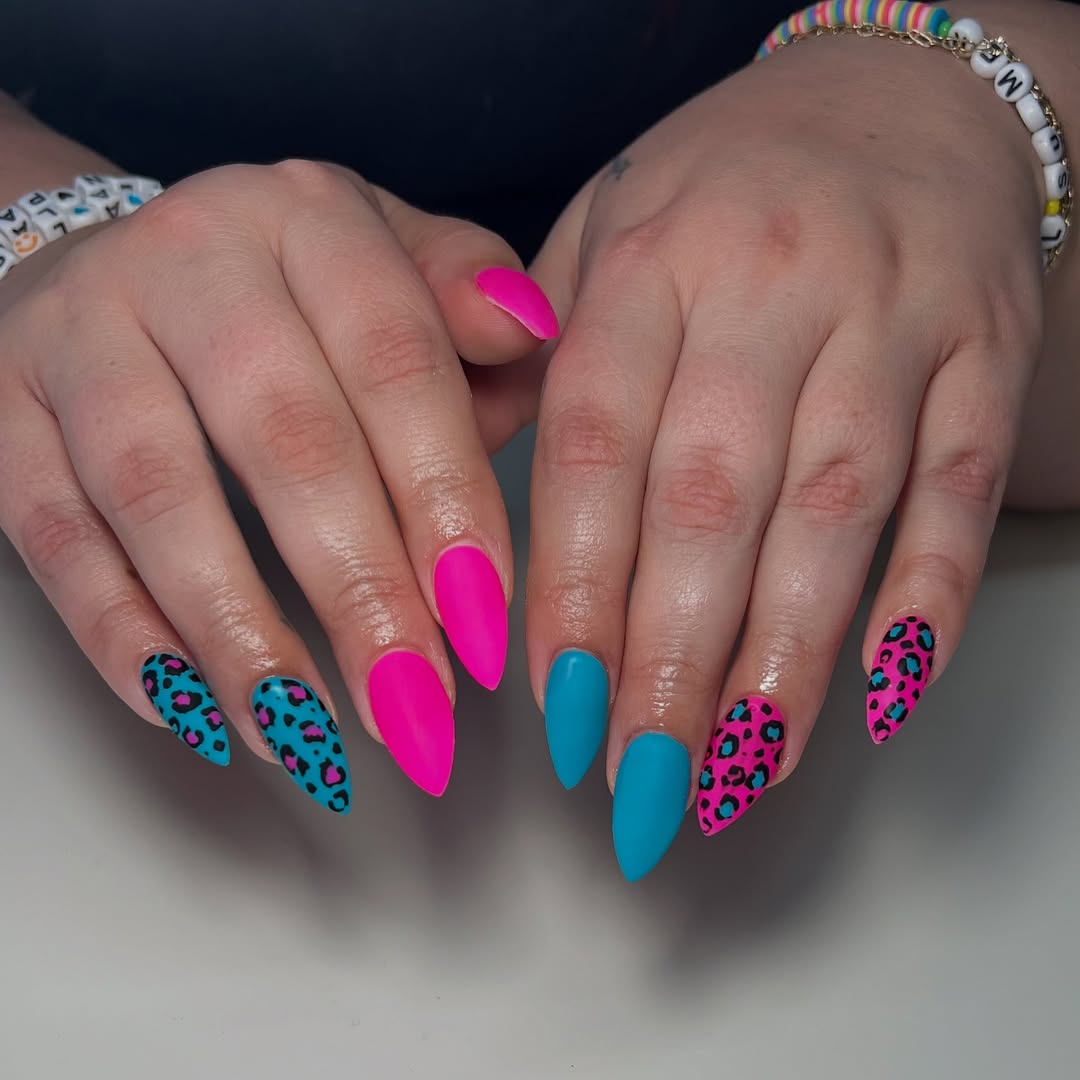 Neon Pink and Teal Matte Leopard Almond Nails