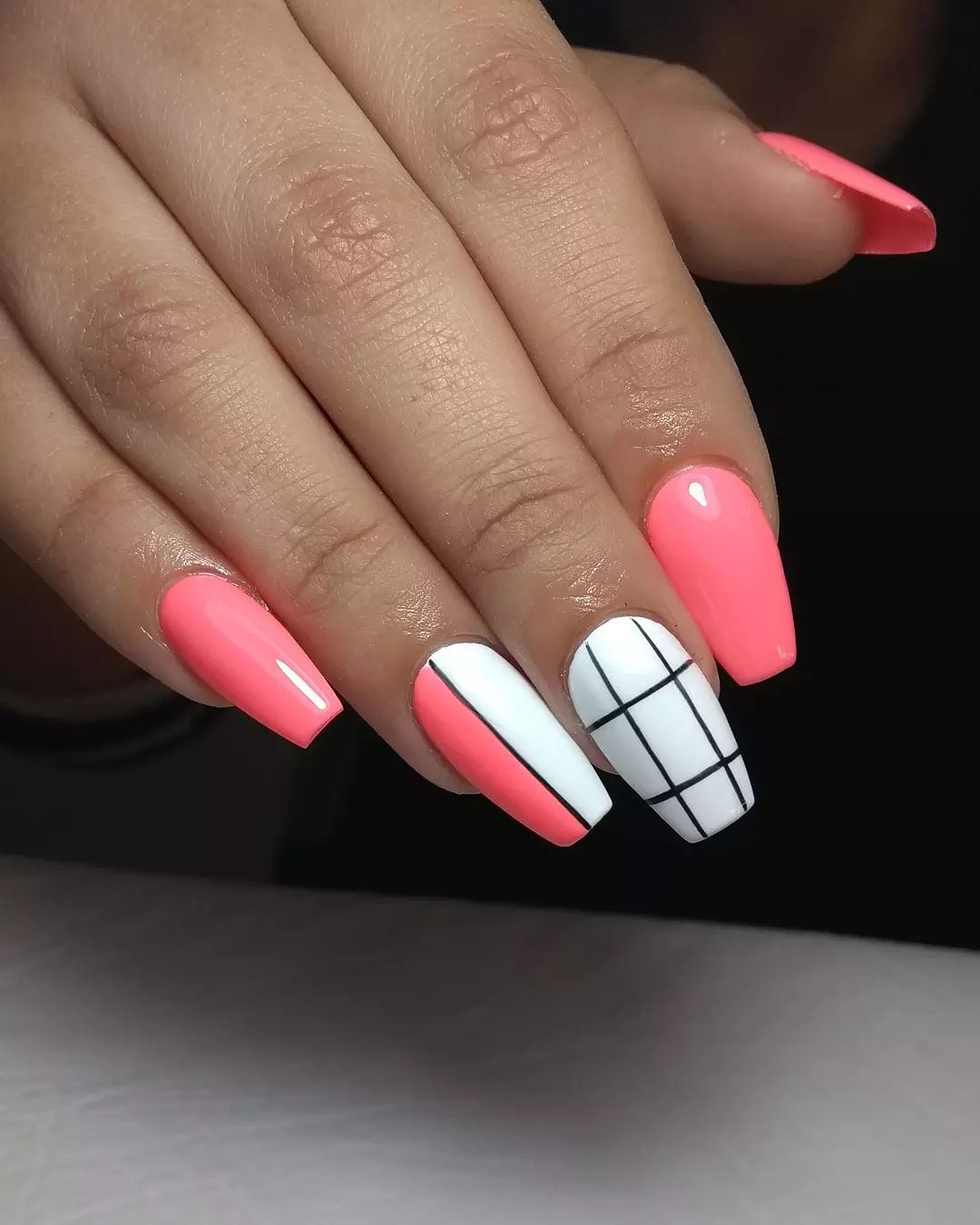 Neon Pink and White Geometric Coffin Nails