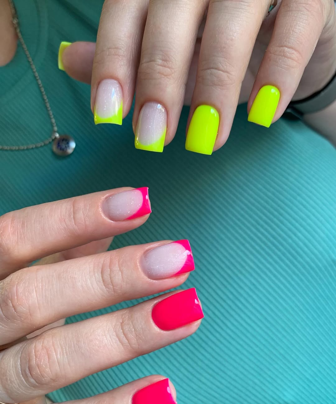 Neon Pink and Yellow French Tip Square Nails