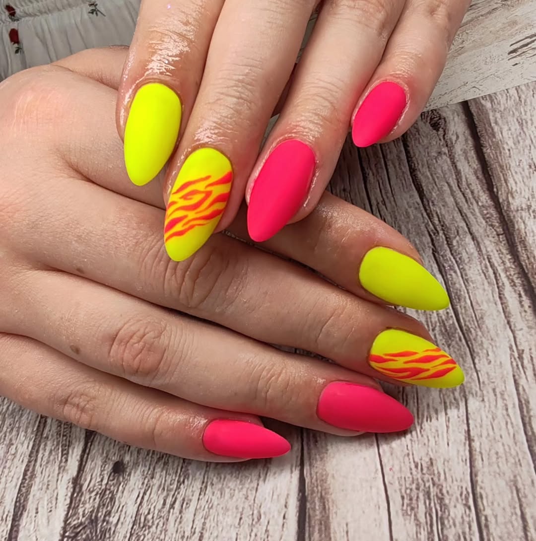 Neon Pink and Yellow Matte Tiger Print Stiletto Nails