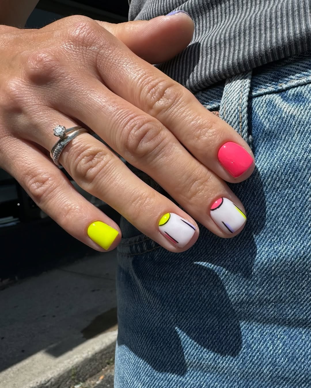 Neon Pink and Yellow Mismatched Abstract French Tips