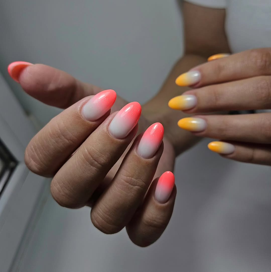 Neon Pink and Yellow Ombré Glossy Oval Nails