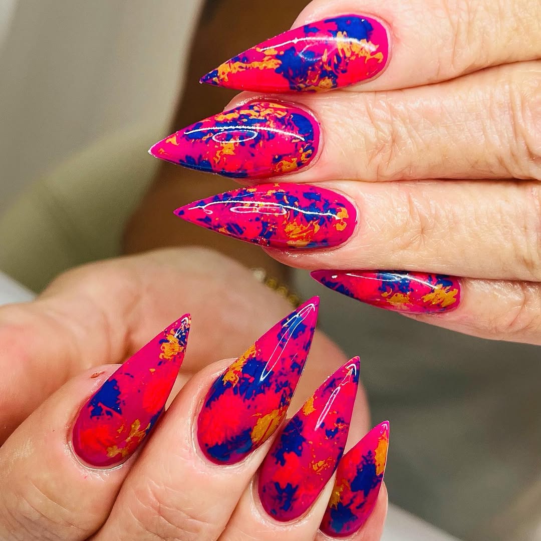 Neon Pink Blue Gold Abstract Stiletto Nails