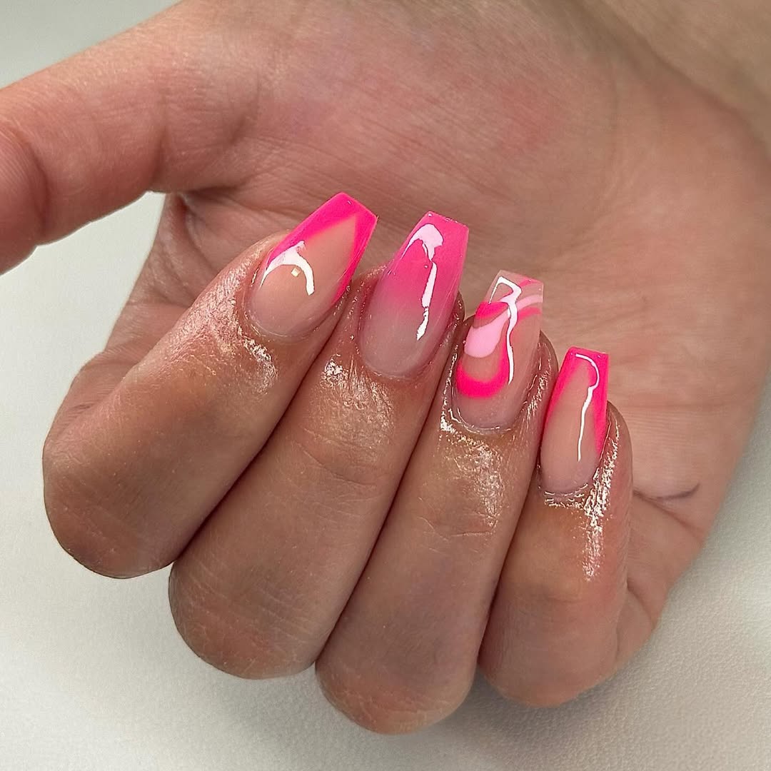 Neon Pink French Coffin Tips With Swirl Accent