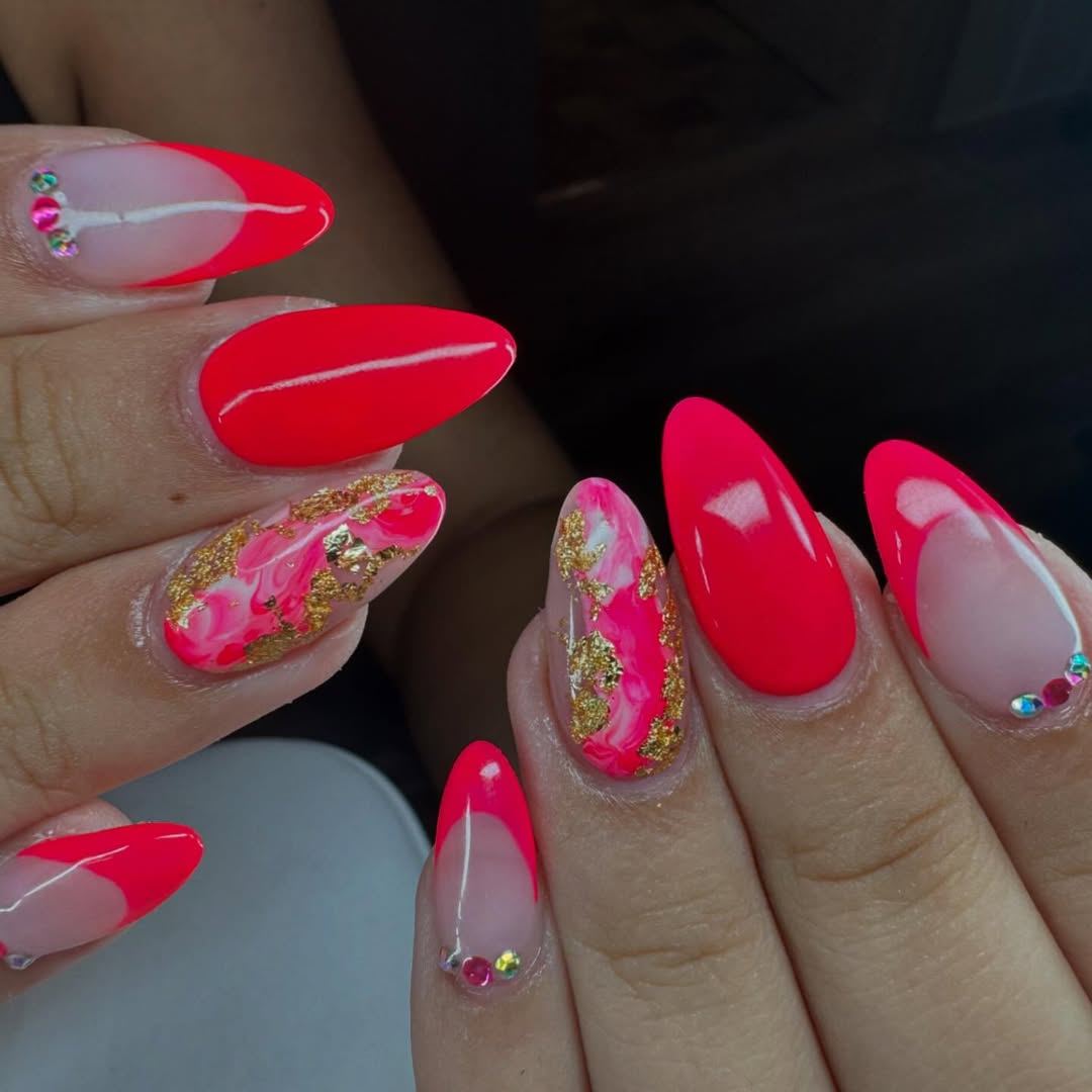 Neon Pink French Tips and Gold Foil Marble