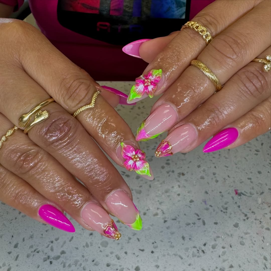 Neon Pink French Tips with 3D Flowers