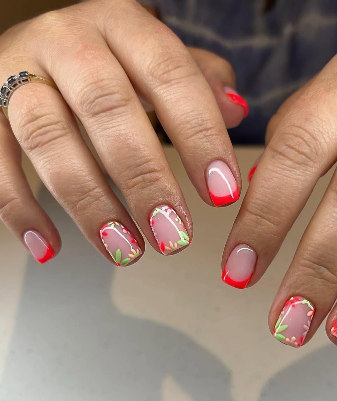 Neon Pink French Tips with Delicate Floral Accents