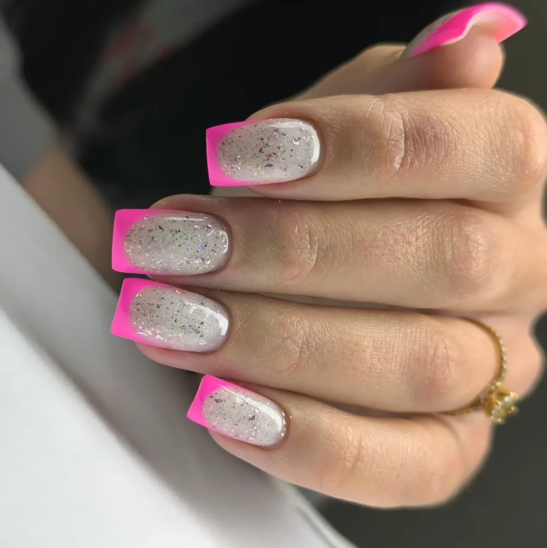 Neon Pink French Tips with Glitter Quartz