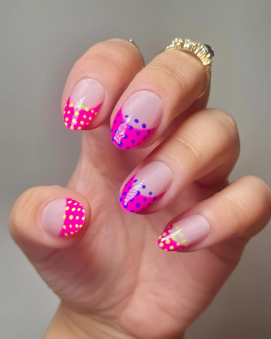 Neon Pink French Tips with Polka Dot Playfulness