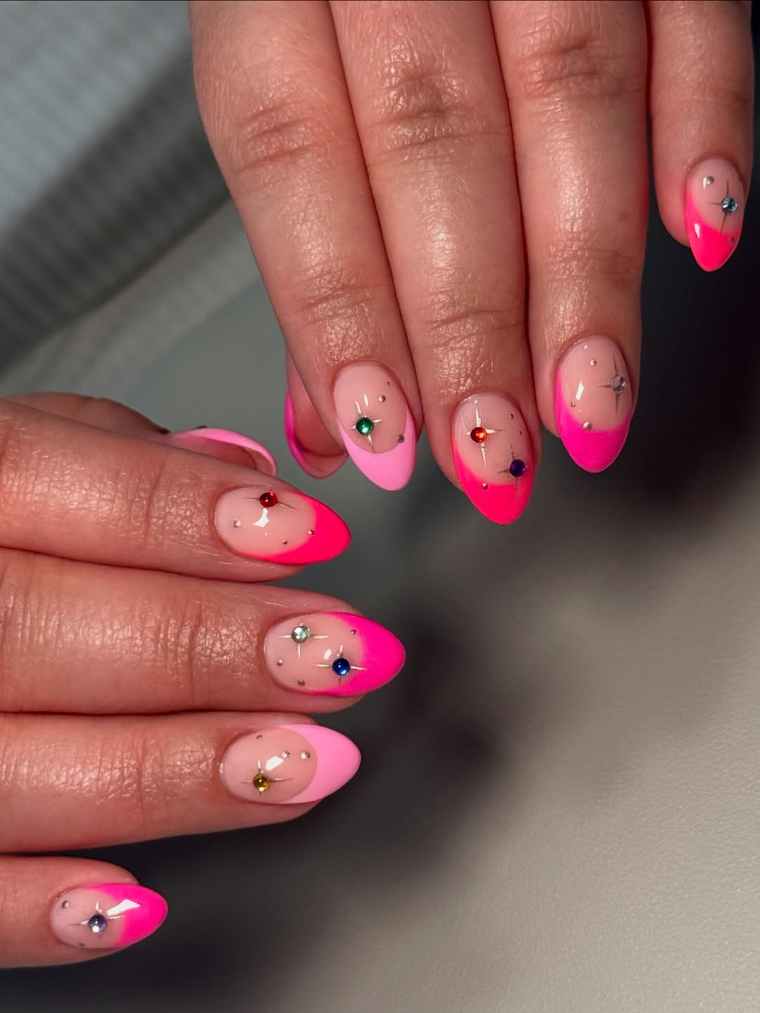 Neon Pink French Tips with Rhinestone Stars