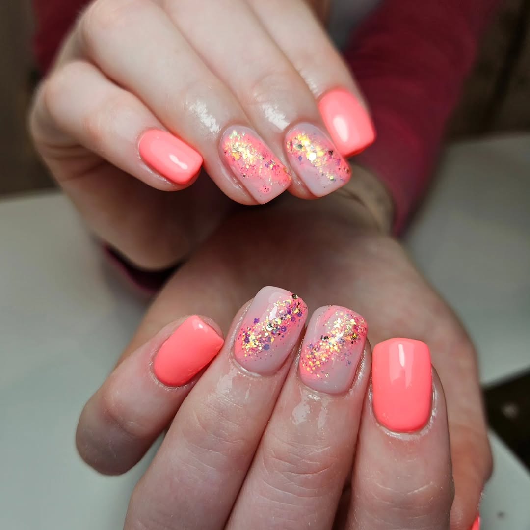 Neon Pink Glitter Accent Short Squoval Nails