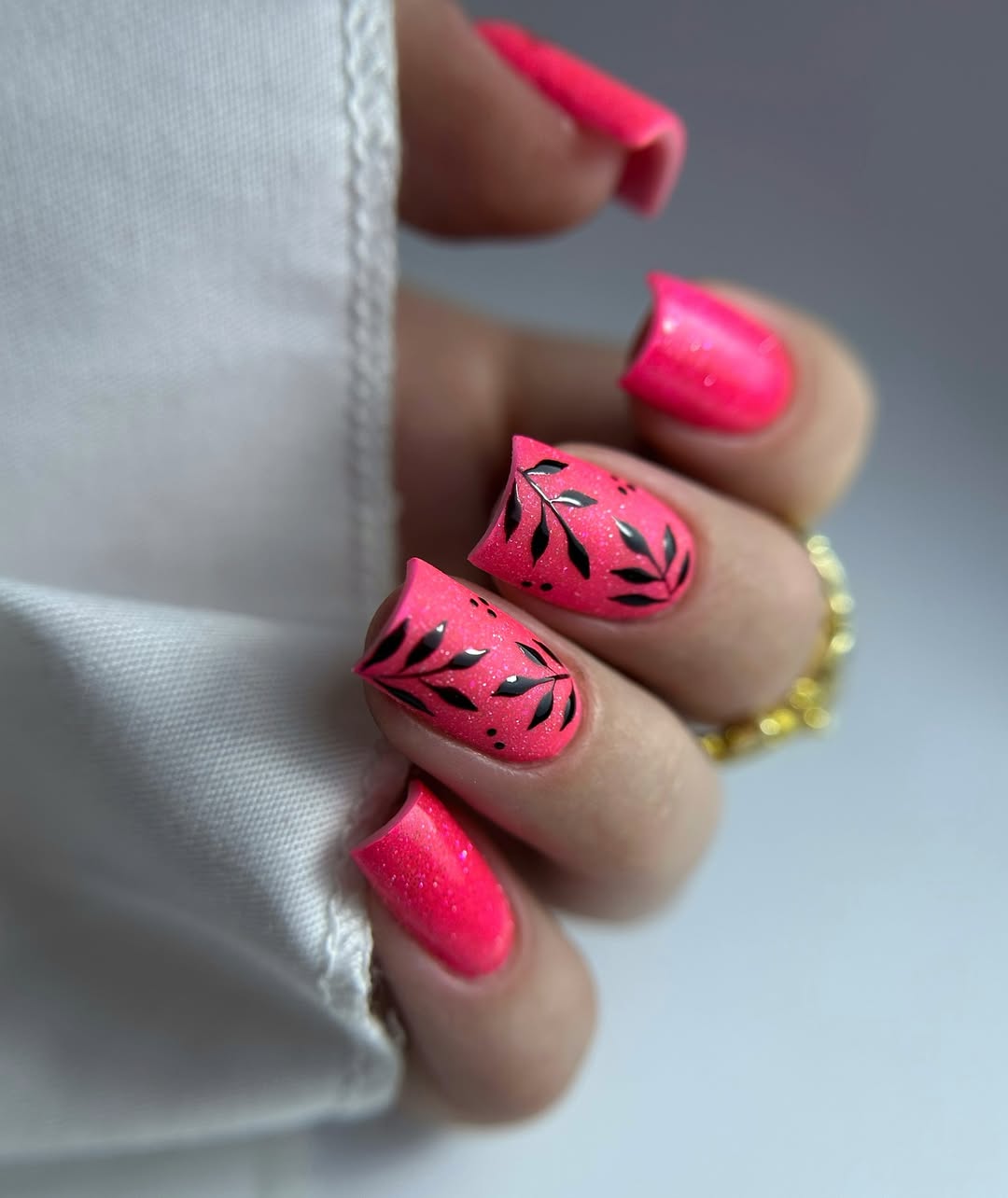 Neon Pink Glitter with Black Botanical Art