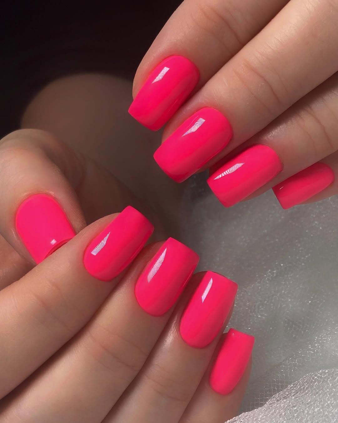 Neon Pink Glossy Short Squoval Nails
