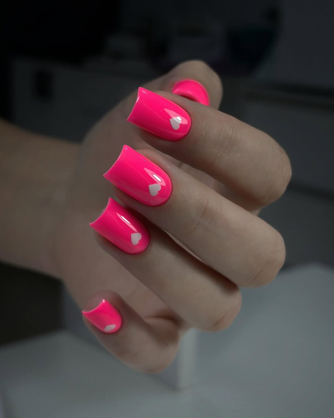 Neon Pink Heart Accents Short Square Nails