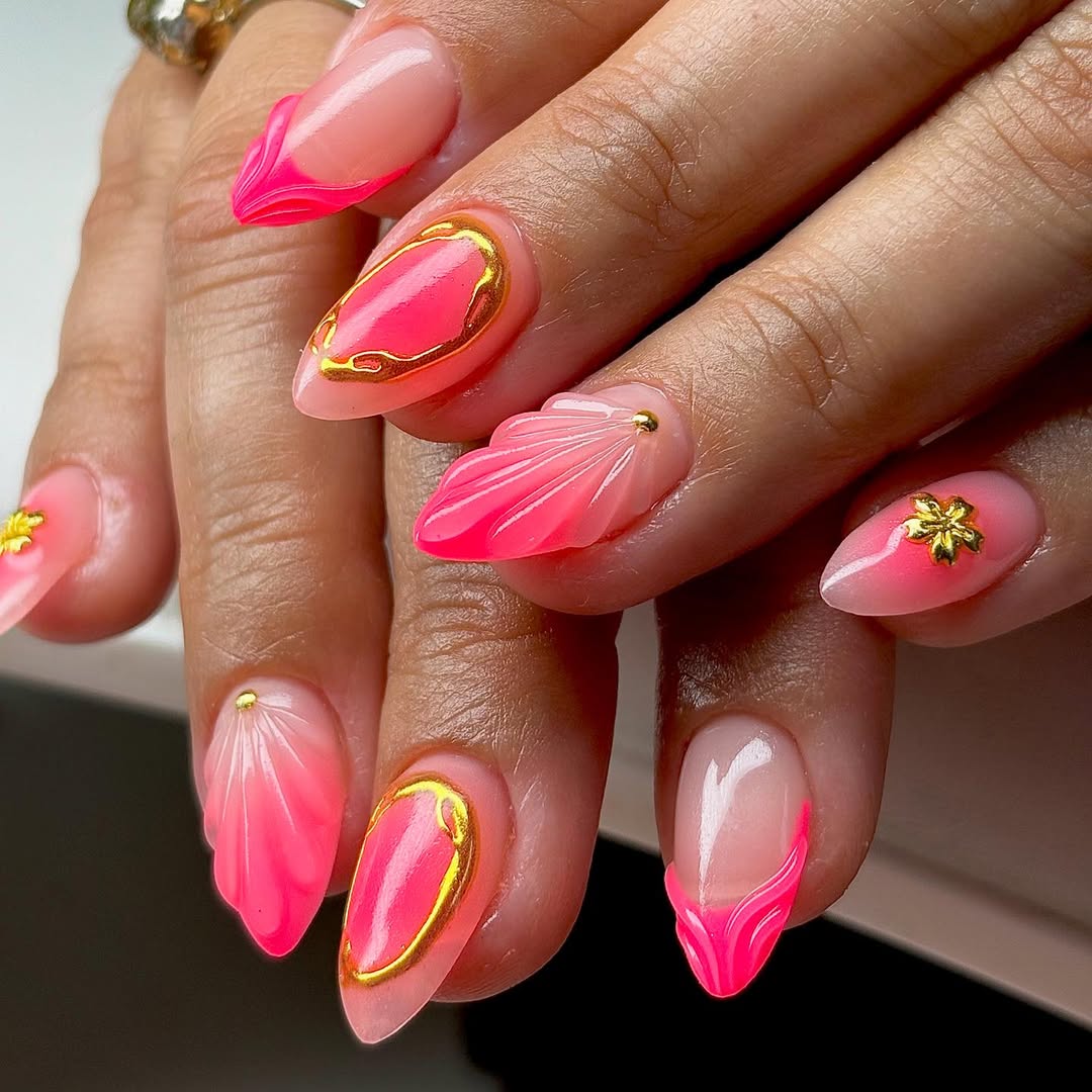 Neon Pink Jelly Waves Gold Accents Almond Nails