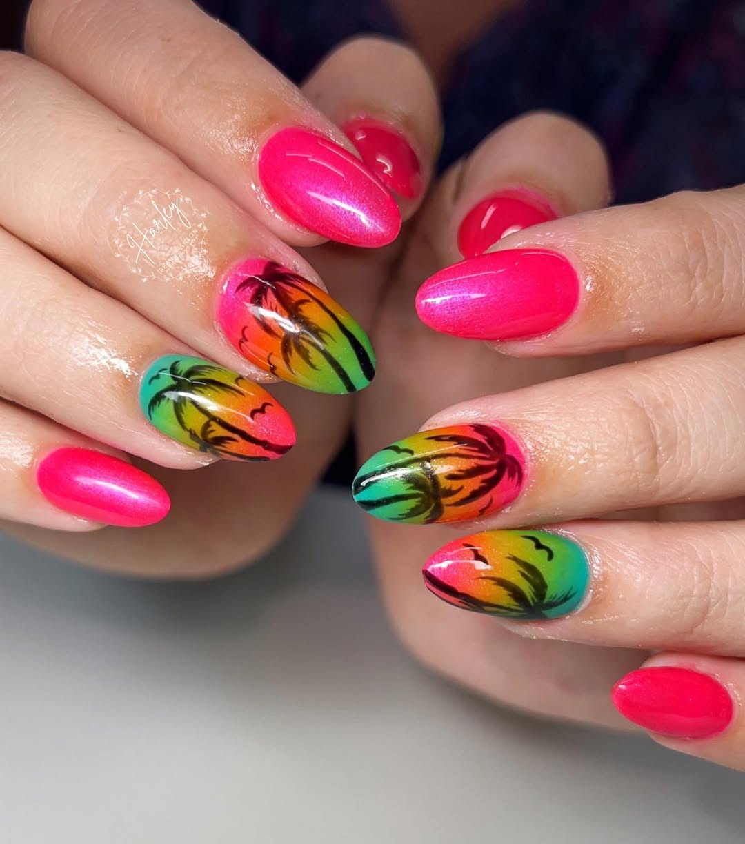 Neon Pink Ombre Palm Tree Almond Nails