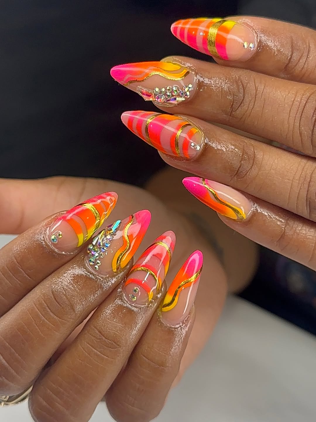 Neon Pink Orange Flame Gold Detailed Stiletto Nails