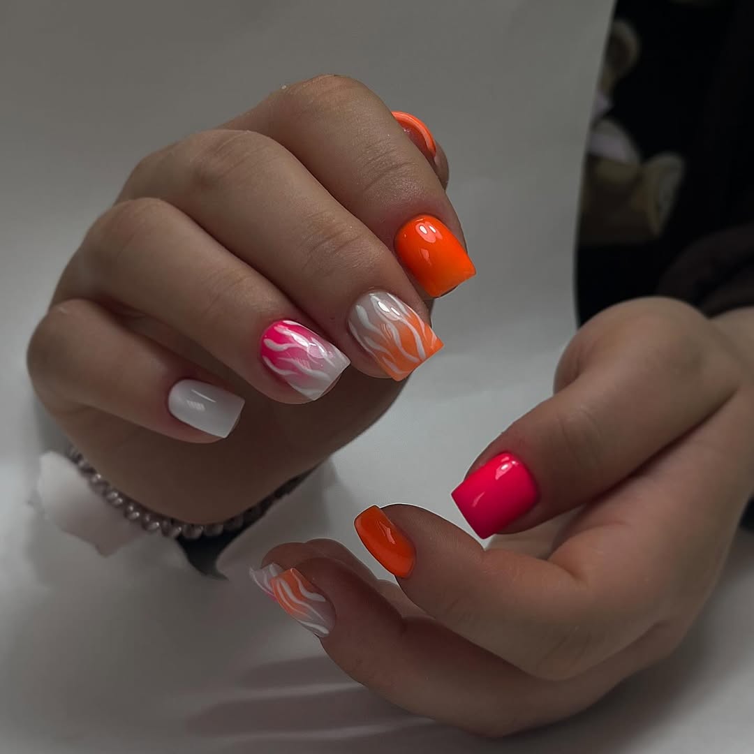 Neon Pink Orange Flame Short Square Nails