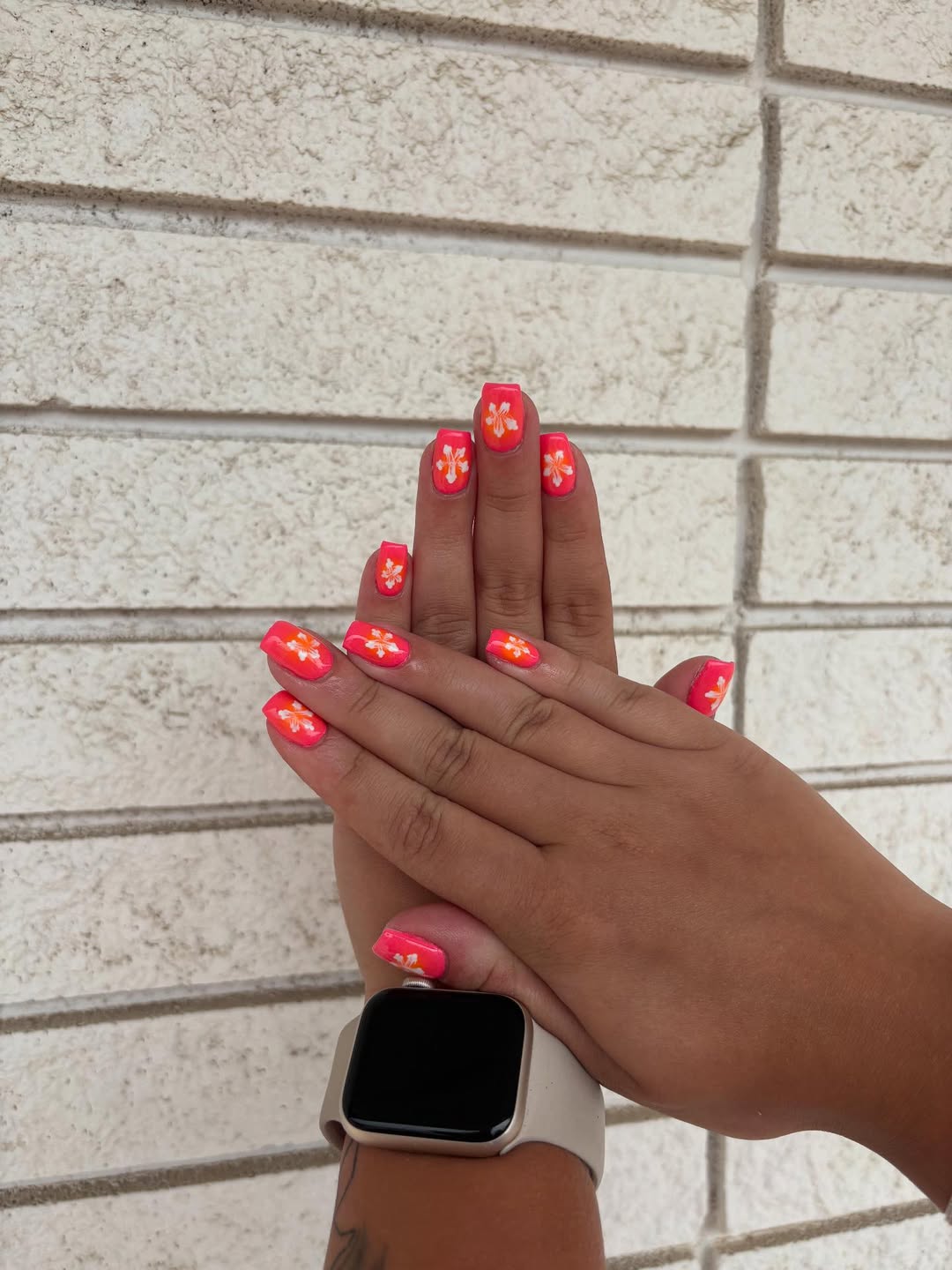 Neon Pink Orange Floral Hand-Painted Square Nails