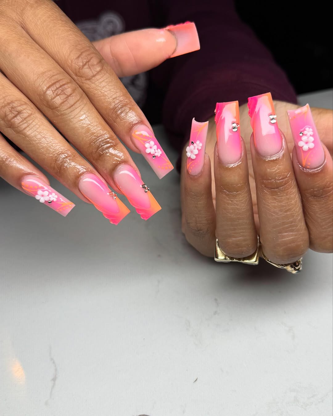 Neon Pink Orange Ombré Coffin Nails with 3D Flowers