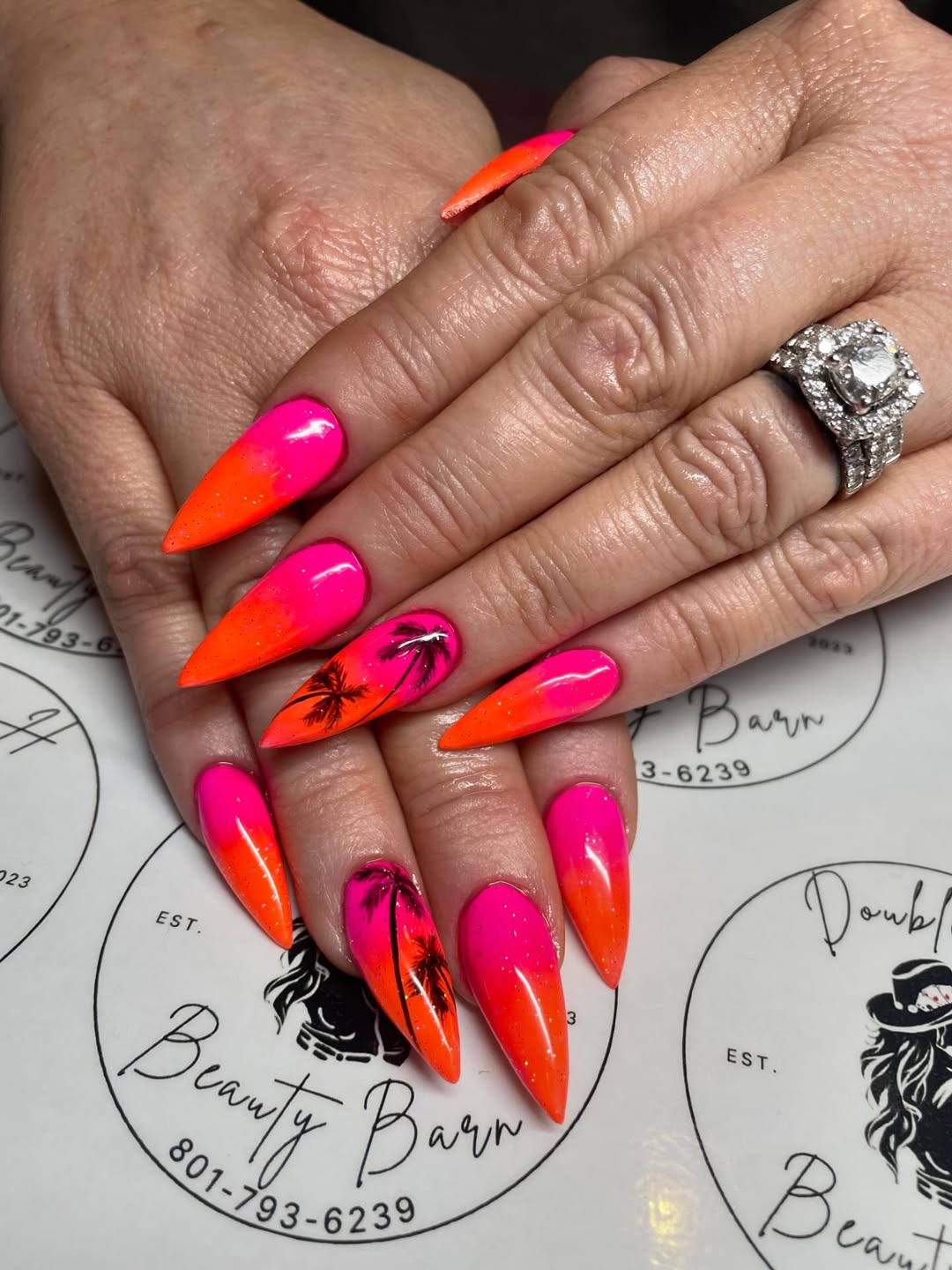 Neon Pink Orange Ombré Stiletto Palm Tree Nails