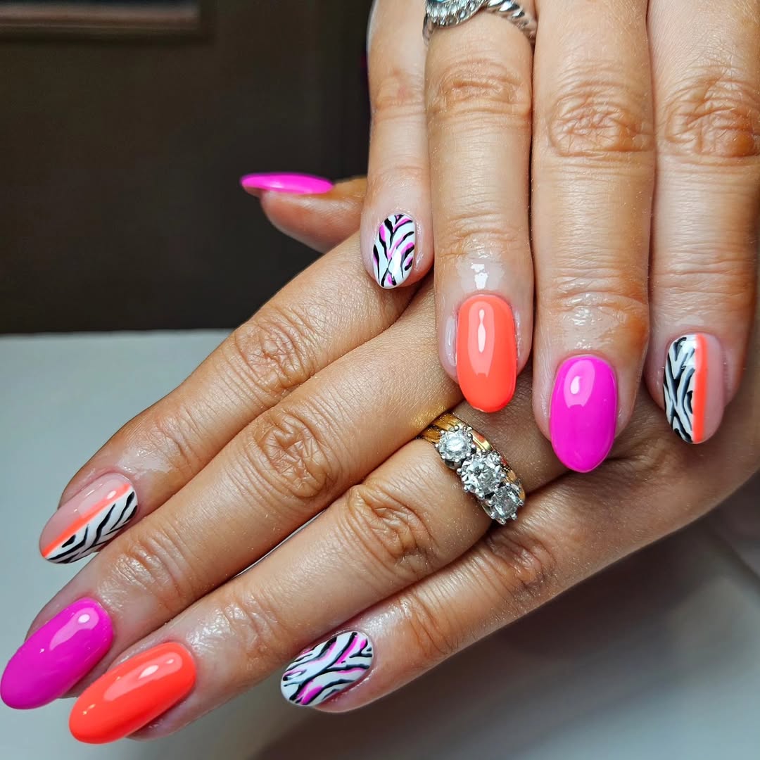 Neon Pink Orange Zebra Stripes Oval Nails