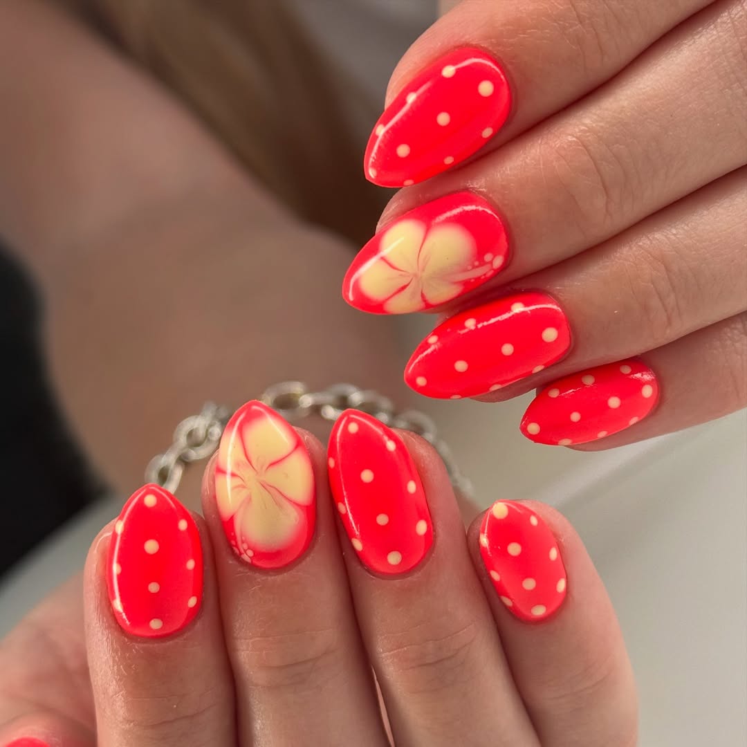 Neon Pink Polka Dot Plumeria Accent Almond Nails