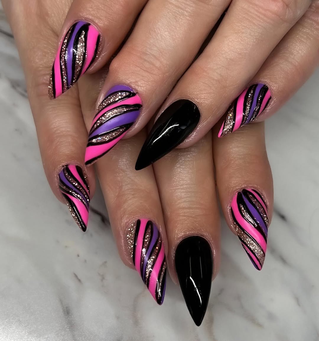 Neon Pink Purple Swirl Stiletto Nails
