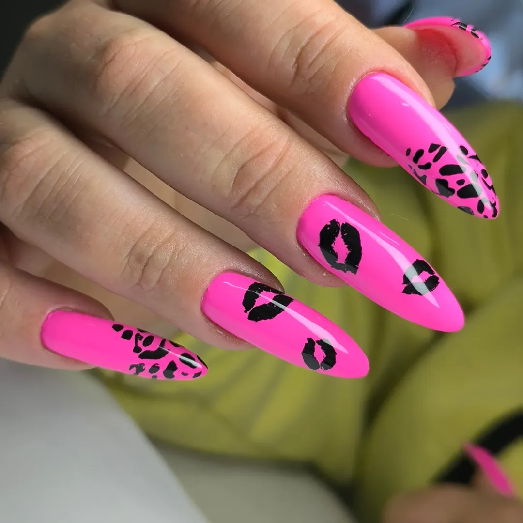 Neon Pink Stiletto Kiss and Leopard Print Nails