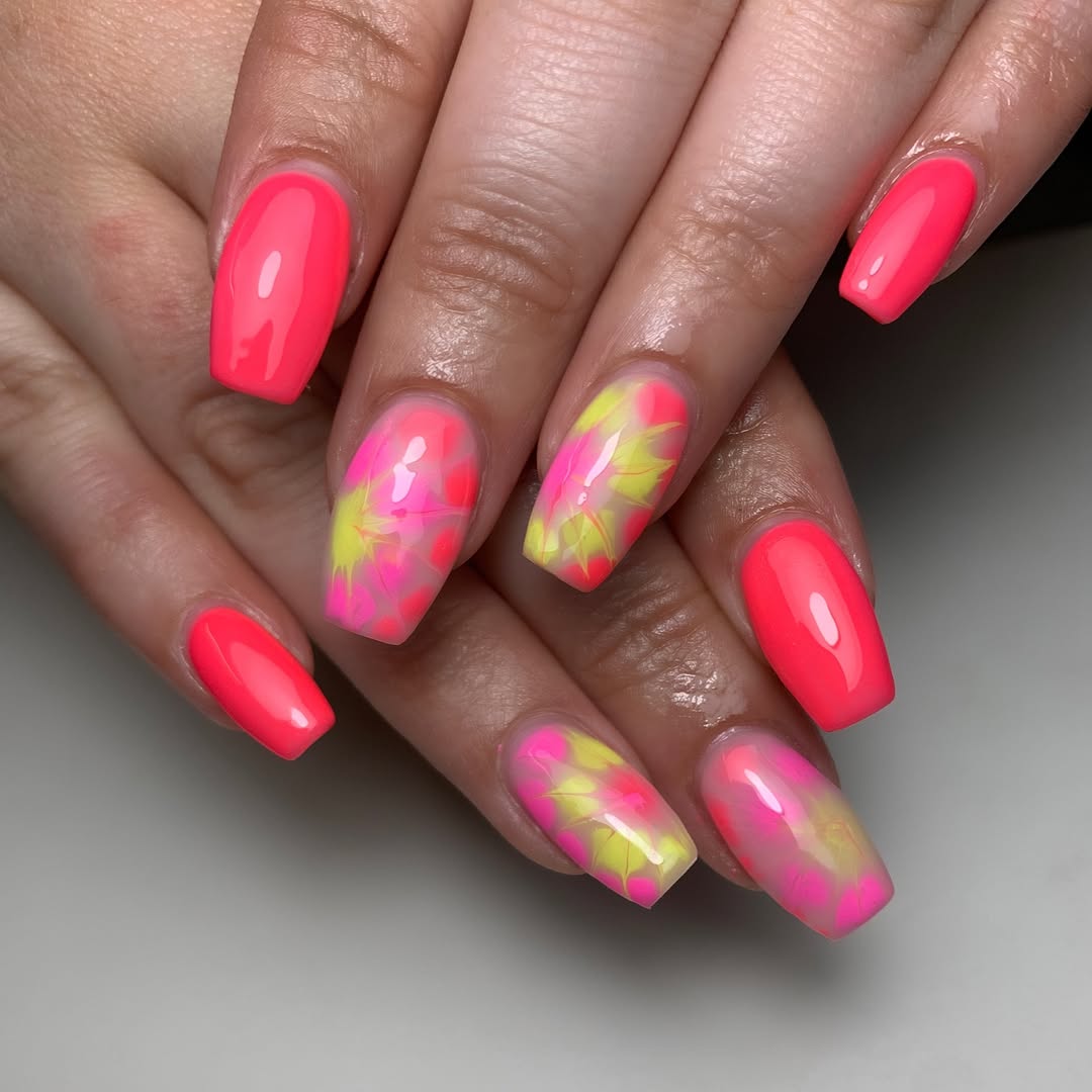 Neon Pink Tie-Dye Watercolor Coffin Nails