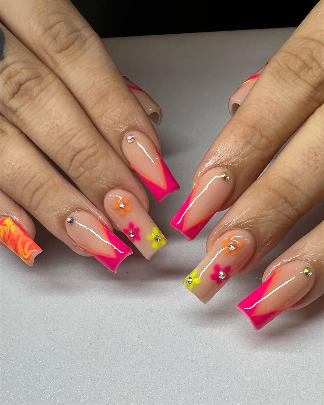 Neon Pink V-Cut French with 3D Flower Accents