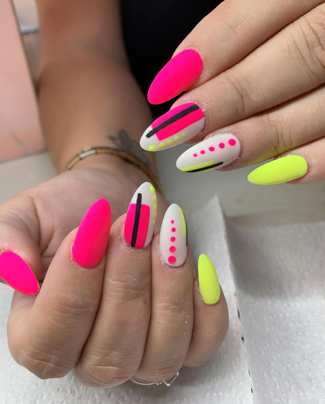 Neon Pink Yellow Abstract Matte Almond Nails