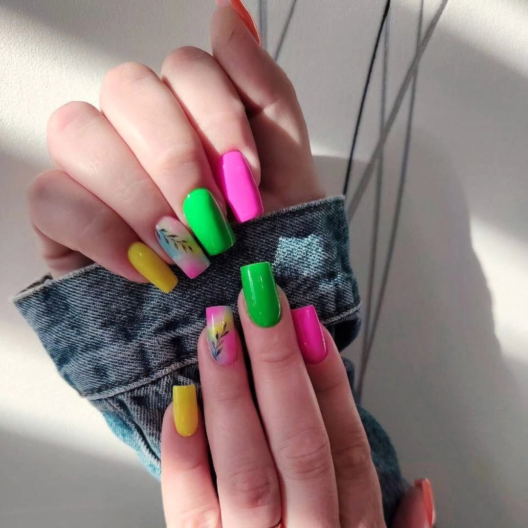 Neon Pink Yellow Blue Green Ombre Botanical Coffin Nails