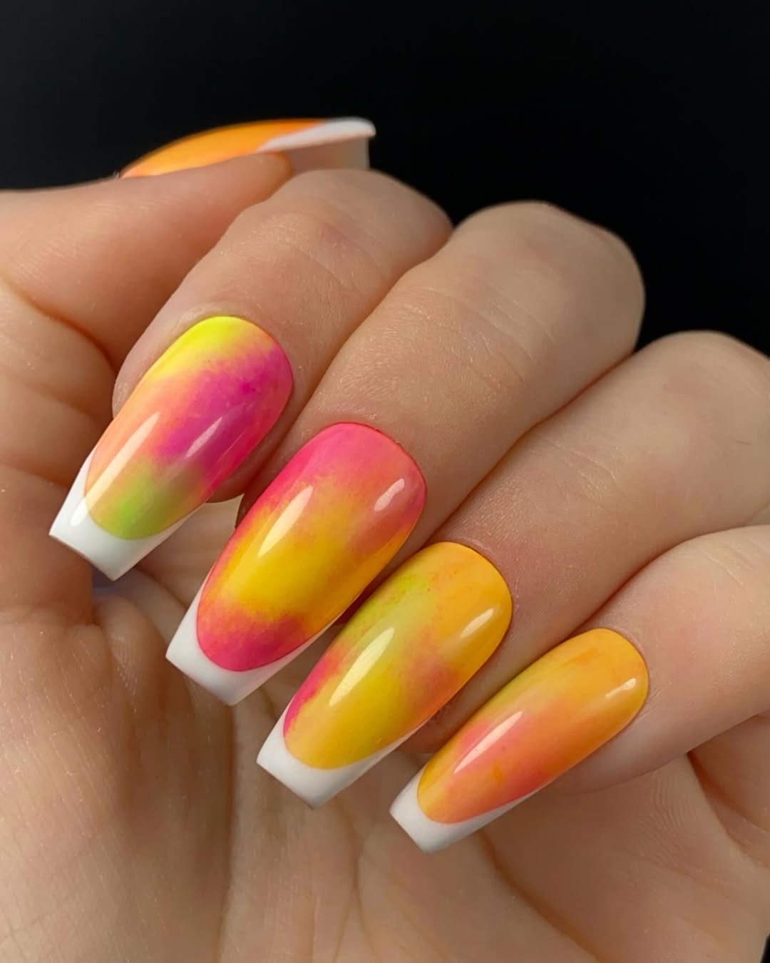 Neon Pink Yellow Ombre French Tip Coffin Nails