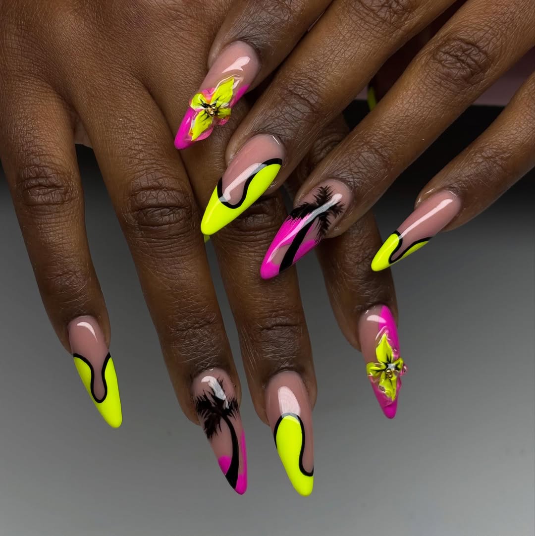 Neon Pink Yellow Palm Tree Stiletto Nails