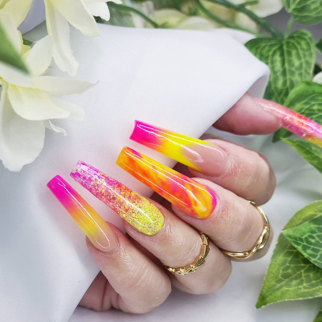 Neon Pink Yellow Swirl Coffin Nails