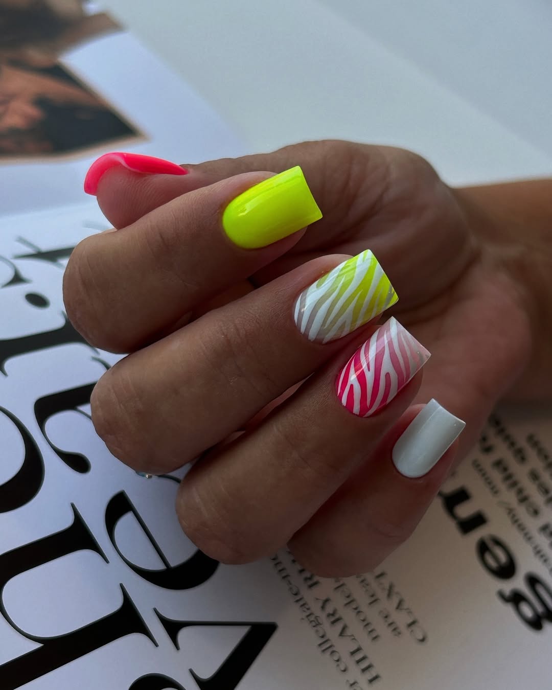 Neon Pink Yellow Zebra Print Summer Nails