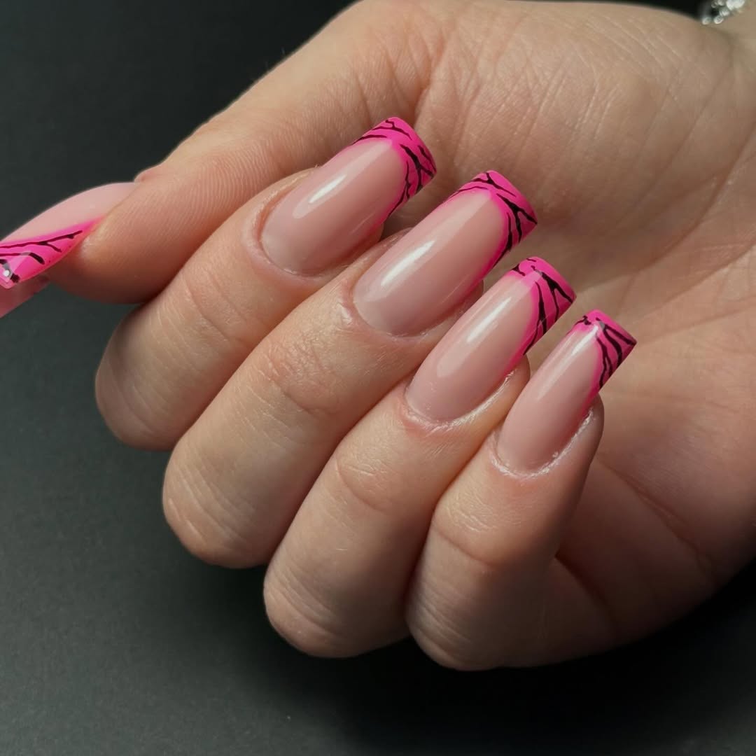 Neon Pink Zebra Print French Tips Long Square