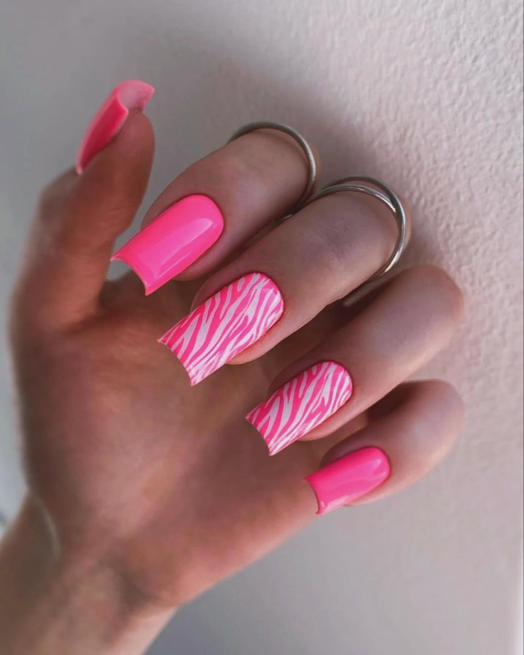 Neon Pink Zebra Print Long Coffin Nails