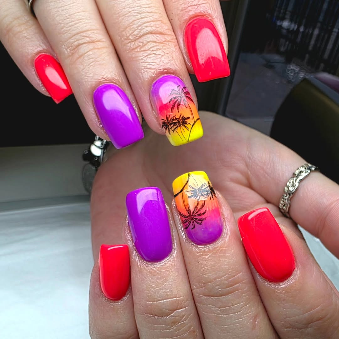 Neon Sunset Palm Tree Square Nails