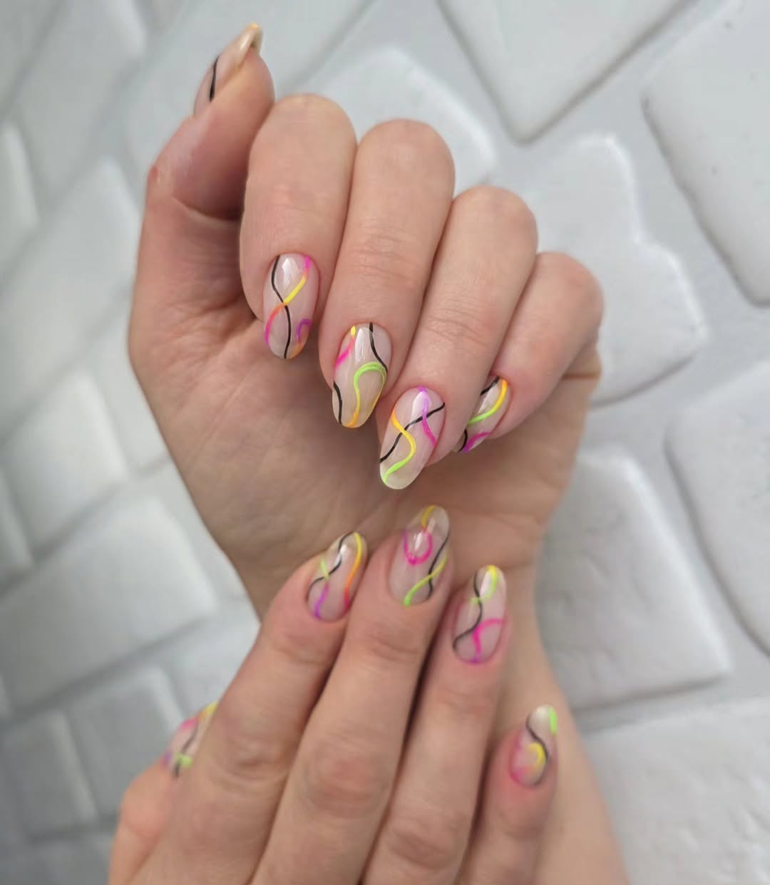 Neon Swirl Abstract Art Oval Nails