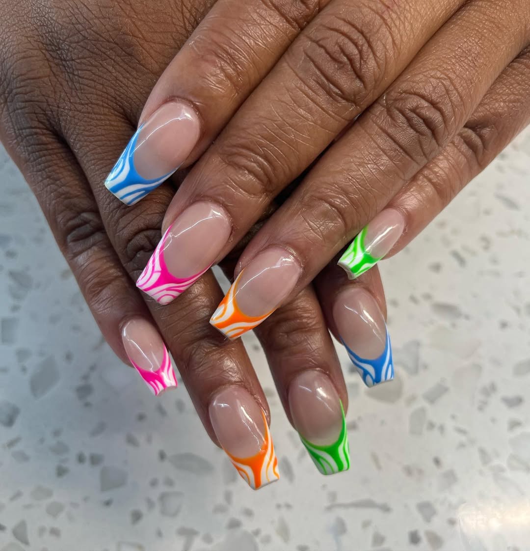 Neon Swirl French Tip Long Coffin Nails