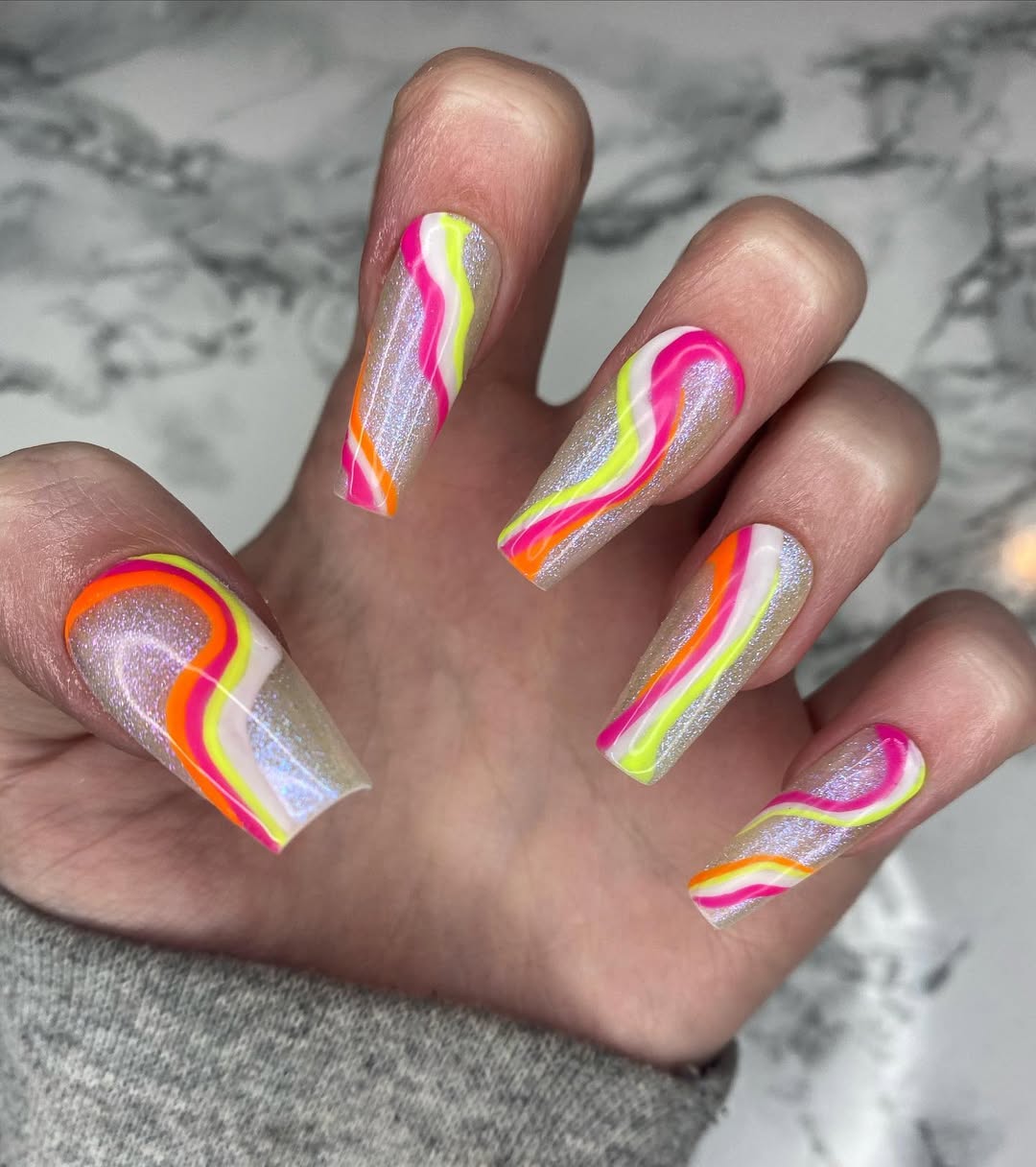 Neon Swirl Iridescent Coffin Nails