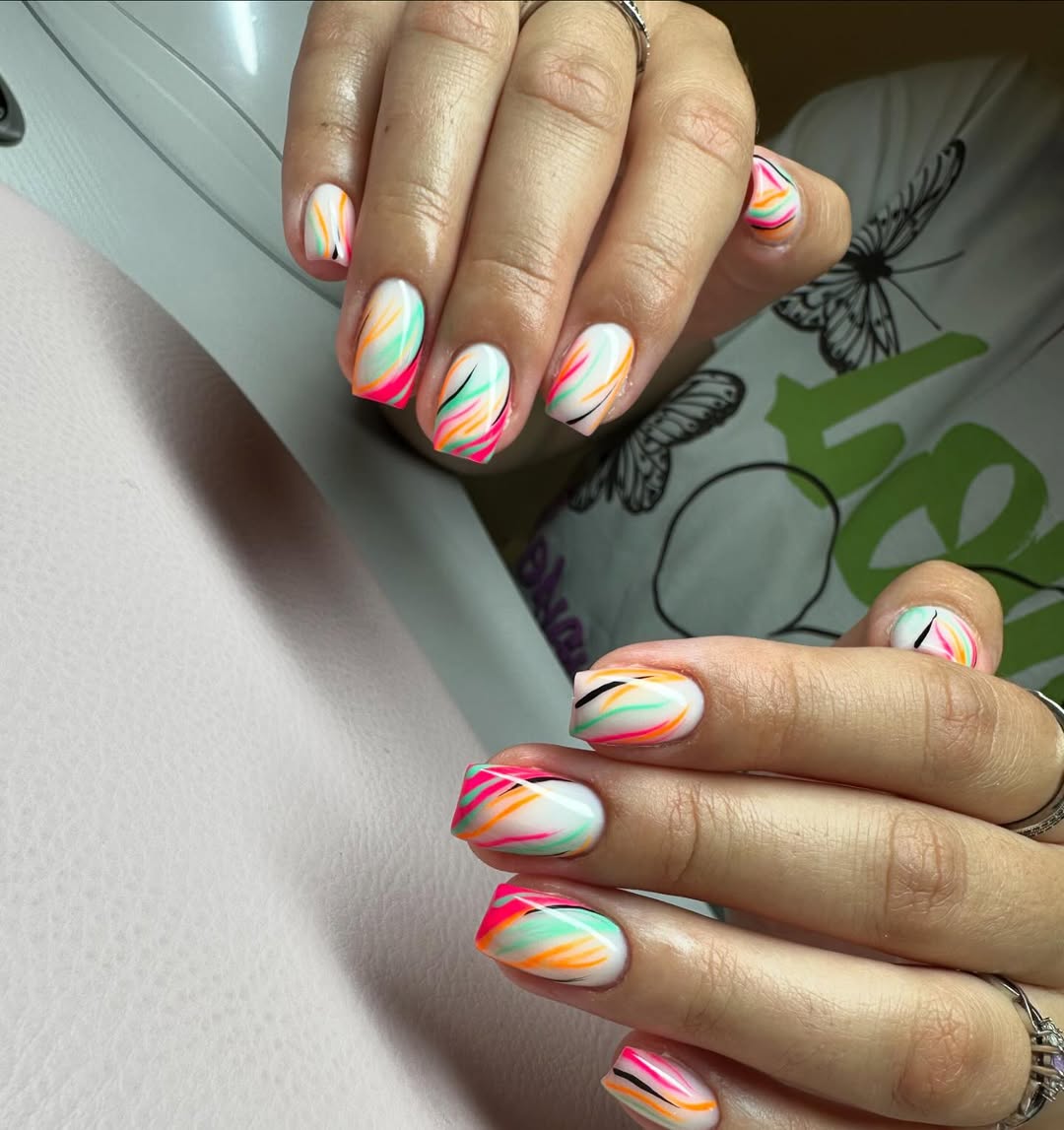 Neon Swirls Glossy White Short Squoval Nails