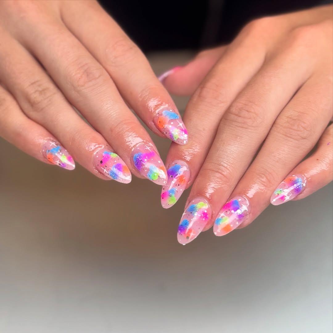 Neon Watercolor Splash Glitter Stiletto Nails