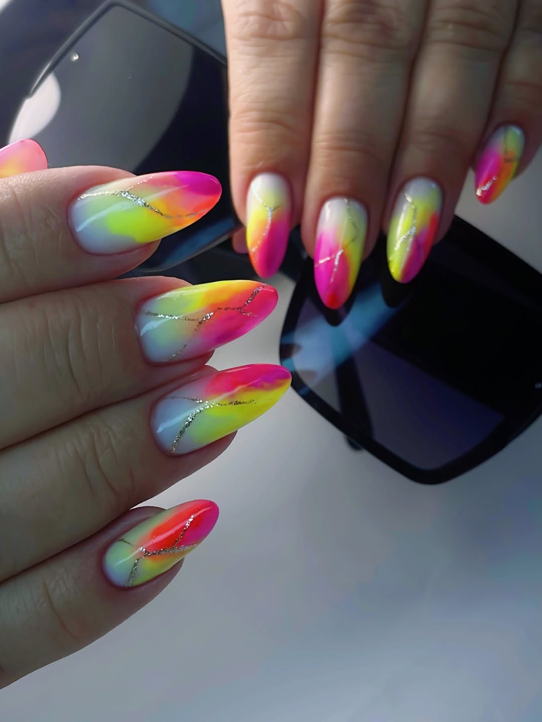 Neon Watercolor Swirl Almond Nails Silver Accents